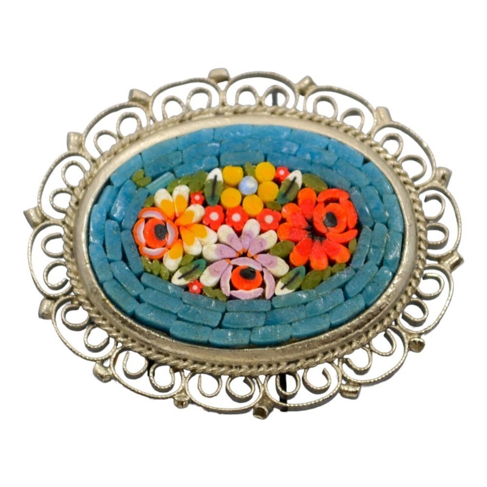 Millefiori Italian Micro Mosaic Pin Brooch  Oval Filigree Floral Design …